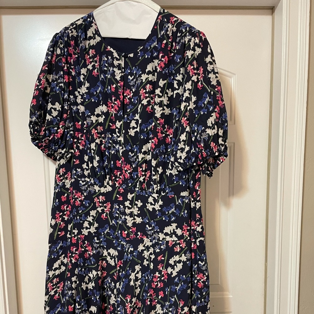 Lewit Puff Sleeve Silk A-Line Blue Floral Dress